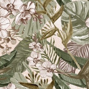 Bohemian Tropical floral Blush pale khaki green