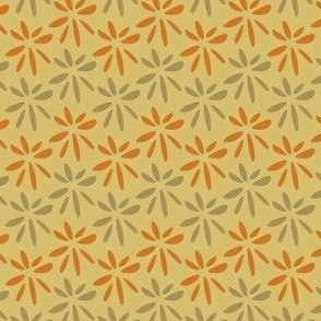 Flower memories, Muted orange and olive on ochre yellow green, small scale