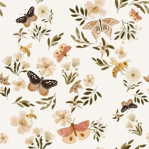 vintage butterfly spring garden with watercolor flowers in muted beige - small scale