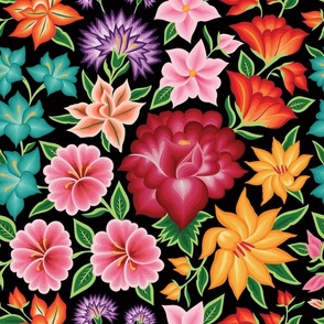 Floral embroidery style from Oaxaca and Chiapas. Classic black background