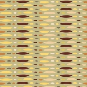  Pebble Run, on Retro muted green  dashes, dots, carrions, Multi-color, yellows, brown, Medium scale