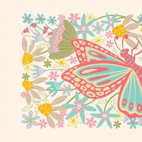 Butterfly Landing Delicate Bugs Floral with Pastel Garden Flowers in Red Turquoise Pink Yellow Green - Wall Hangings and Tea Towels - UnBlink Studio by Jackie Tahara