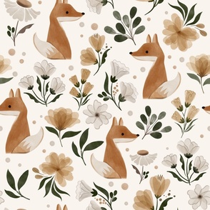 orange fox in forest - woodland animal with emerald green botanicals - large scale