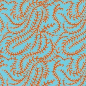 Orange Leaf Stripes in Sky Blue Small Scale