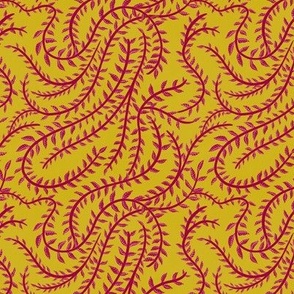 Magenta Leaf Stripes in Mustard Small Scale