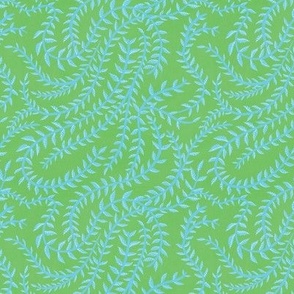 Sky Blue Leaf Stripes in Lime Green Small Scale
