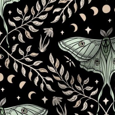 Luna Moths Damask with moon phases - Black - medium