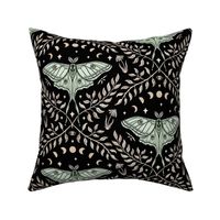 Luna Moths Damask with moon phases - Black - medium