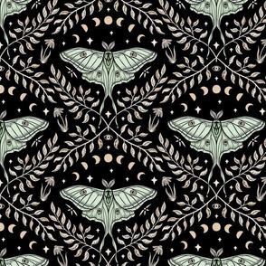 Luna Moths Damask with moon phases - Black - medium