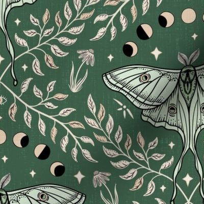 Luna Moths Damask with moon phases - Olive Green - medium