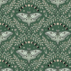 Luna Moths Damask with moon phases - Olive Green - medium