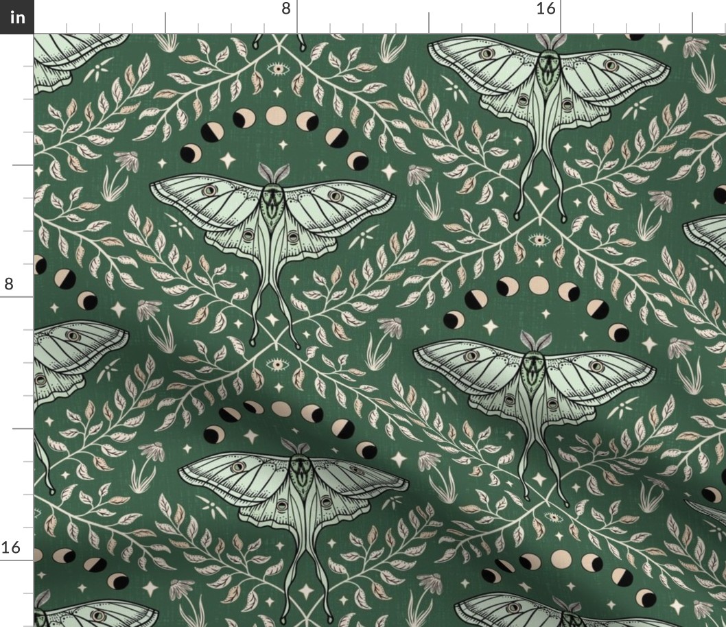 Luna Moths Damask with moon phases - Olive Green - medium