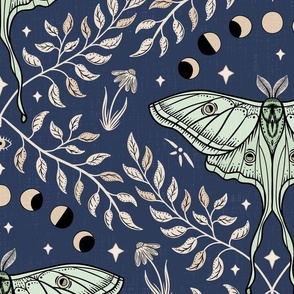 Luna Moths Damask with moon phases - Blue - large