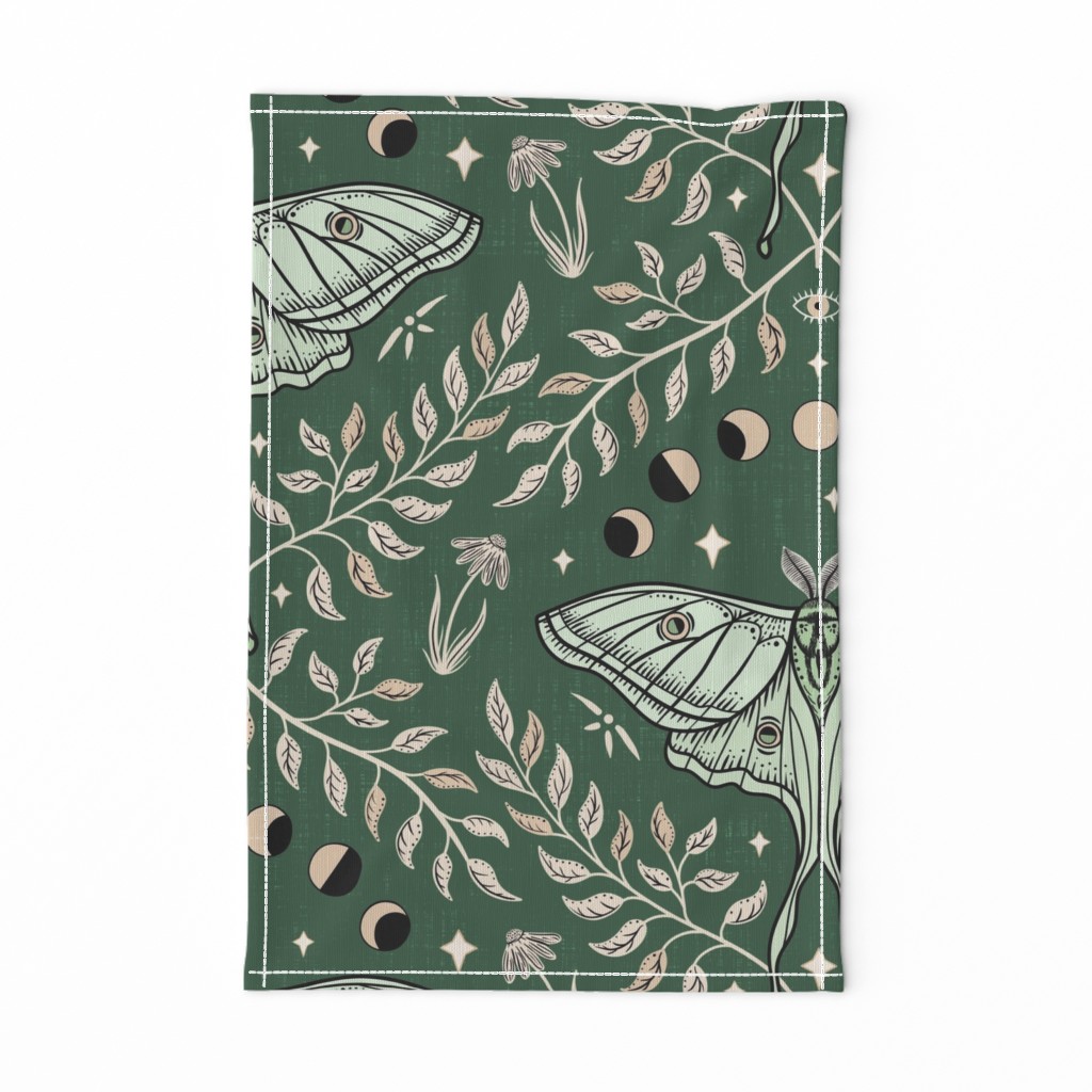 Luna Moths Damask with moon phases - Olive green - large