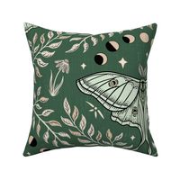 Luna Moths Damask with moon phases - Olive green - large