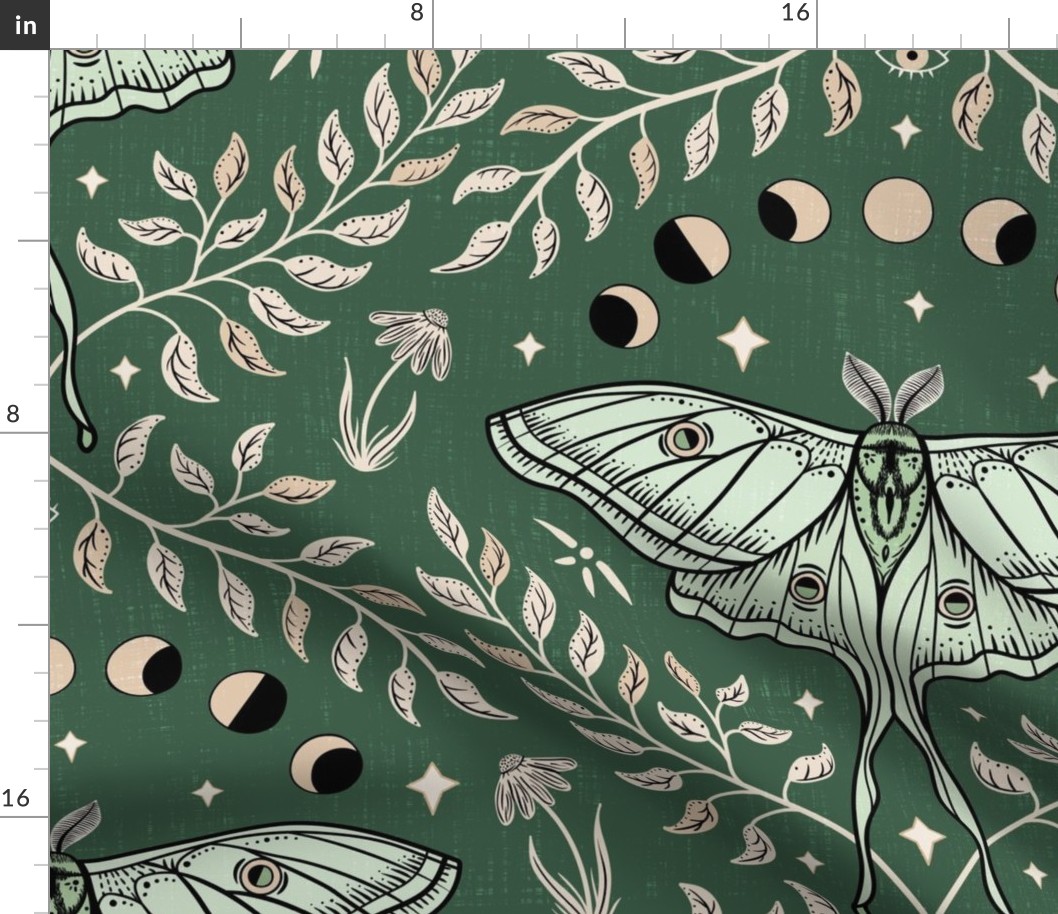 Luna Moths Damask with moon phases - Olive green - large