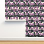 Medium Scale - Purple Tea Roses on Black Woven Stripes