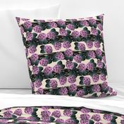 Medium Scale - Purple Tea Roses on Black Woven Stripes