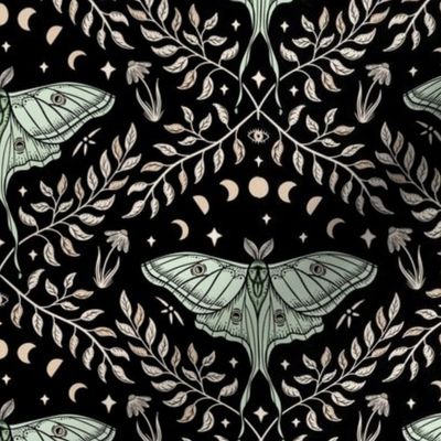 Luna Moths Damask with moon phases - Black - small
