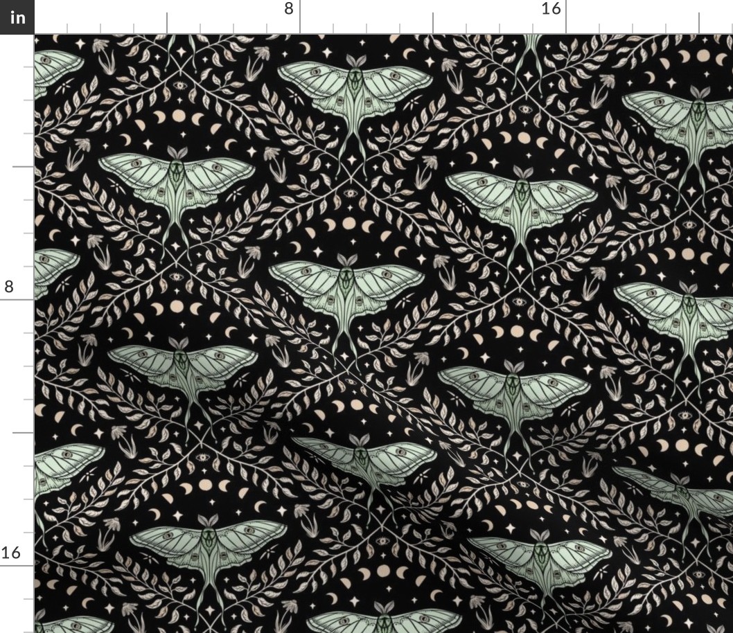 Luna Moths Damask with moon phases - Black - small