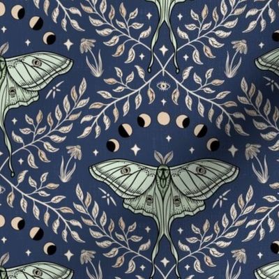 Luna Moths Damask with moon phases - Blue -small