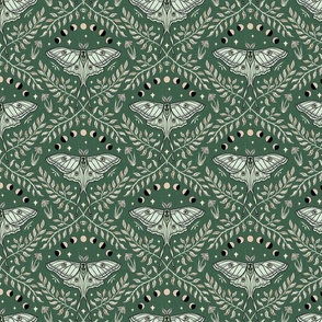 Luna Moths Damask with moon phases - Olive green -small