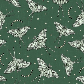 Scattered Luna Moths with moon phases - Olive green, multi-directional - medium