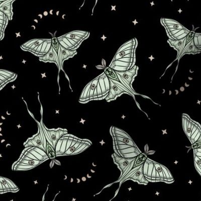 Scattered Luna Moths with moon phases - Black, multi-directional - small