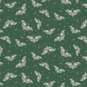 Scattered Luna Moths with moon phases - Olive Green, multi-directional - small