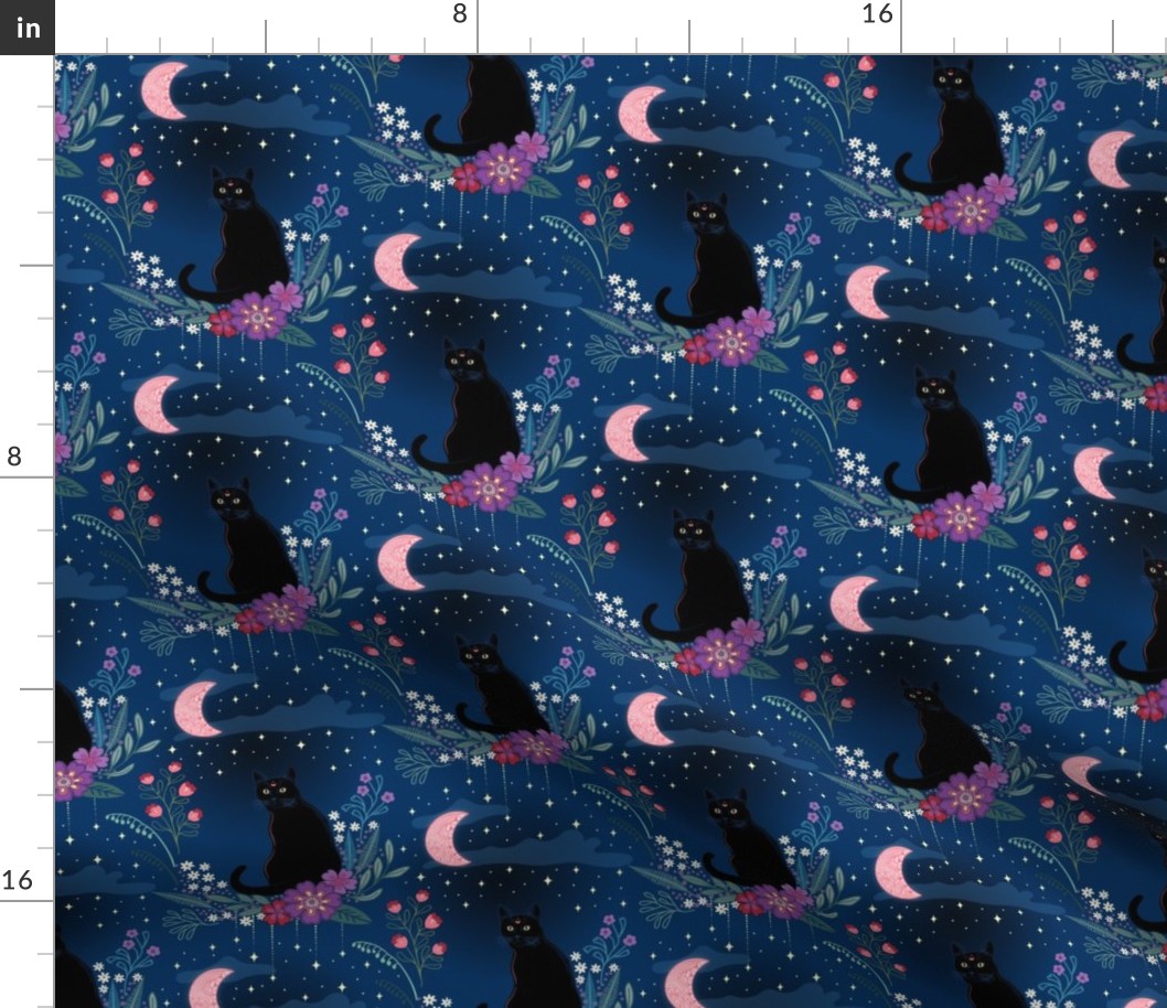 Cat in the midnight garden - blue, red, purple -  extra small