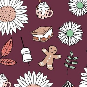 Sweet boho christmas sunflowers gingerbread man pudding and coffee snacks holidays design pink white on burgundy large