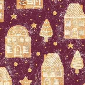 Gingerbread town houses on wine red - medium scale
