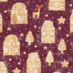 Gingerbread town houses on wine red - small scale