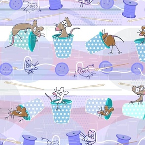 Teeny Sewist Mice in Tiny Thimbles -- Pastel Sewing Notions with Mouse Friends -- 150dpi (Full Scale)