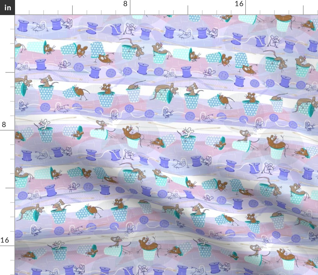 Teeny Sewist Mice in Tiny Thimbles -- Pastel Sewing Notions with Mouse Friends -- 416dpi (36% of Full Scale)