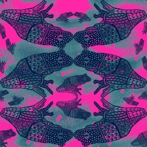 Large Hand drawn navy doodled frogs onhot pink background