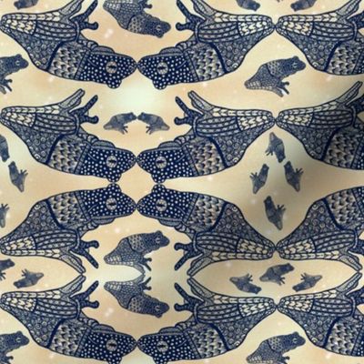 6” repeat Navy hand drawn frogs on buff luminescent background small