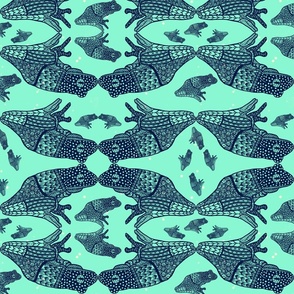 Navy hand drawn tribal frogs on mint luminescent background large