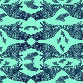 6” repeat Navy hand drawn tribal frogs on luminescent mint background small