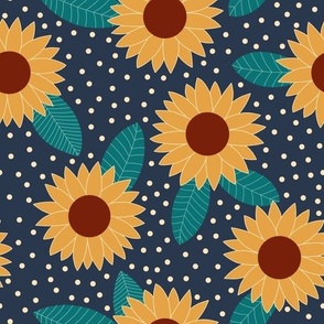 Sunflower and spots on navy blue floral pattern