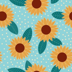 Sunflower and spots on pool blue floral pattern