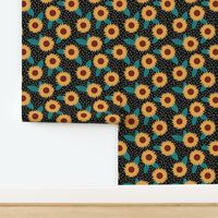 Sunflower and spots on black floral pattern