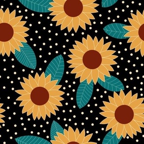 Sunflower and spots on black floral pattern