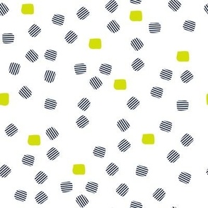 Tossed Small Abstract Geometric Confetti Striped Squares in Midnight Blue and Chartreuse on White Ground Non Directional