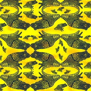Navy hand drawn tribal whimsical frogs on yellow luminescent. Background large