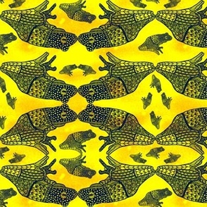 6” repeat Navy hand drawn tribal whimiscal frogs on yellow luminescent backgrounds small 