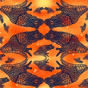 Navy hand drawn whimsical halloween toads frogs on luminescent effect orange background large