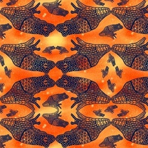 6” repeat Whimsical tribal navy frogs hand drawn on orange background, small