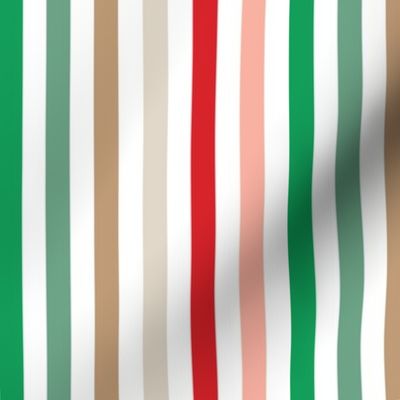 rotated 1/2" christmas stripes: red, pink, tan, brown, green