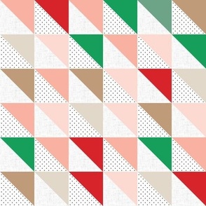 half square triangles: red, pink, tan, brown, green
